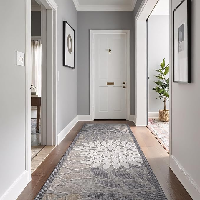 Beverly Rug Outdoor Runner Rug 2x7 Modern Floral Tropical Area Rugs for Indoor and Outdoor Patio Easy to Clean Non Shedding Living Room Porch Garden Washable Outside Carpet (2 x 7 Gray)-Ruum Studio Home