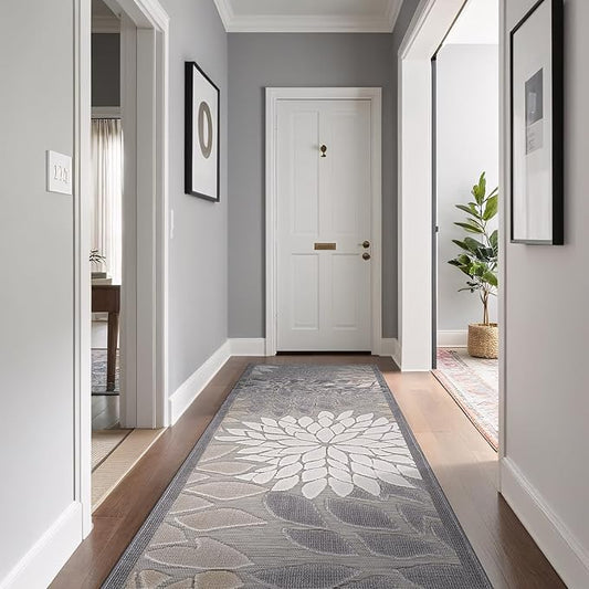 Beverly Rug Outdoor Runner Rug 2x7 Modern Floral Tropical Area Rugs for Indoor and Outdoor Patio Easy to Clean Non Shedding Living Room Porch Garden Washable Outside Carpet (2 x 7 Gray)-Ruum Studio Home