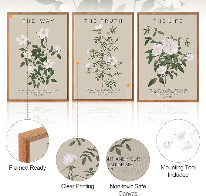 Aurlan The Way The Truth The Life Bible Verse Framed Wall Art(16"x24"), 3PCS Boho Christian Scripture Canvas Artwork, Large Floral Botanical Job 23:11 Psalm 43:3 John 14:6 Decor for Home Bedroom-Ruum Studio Home