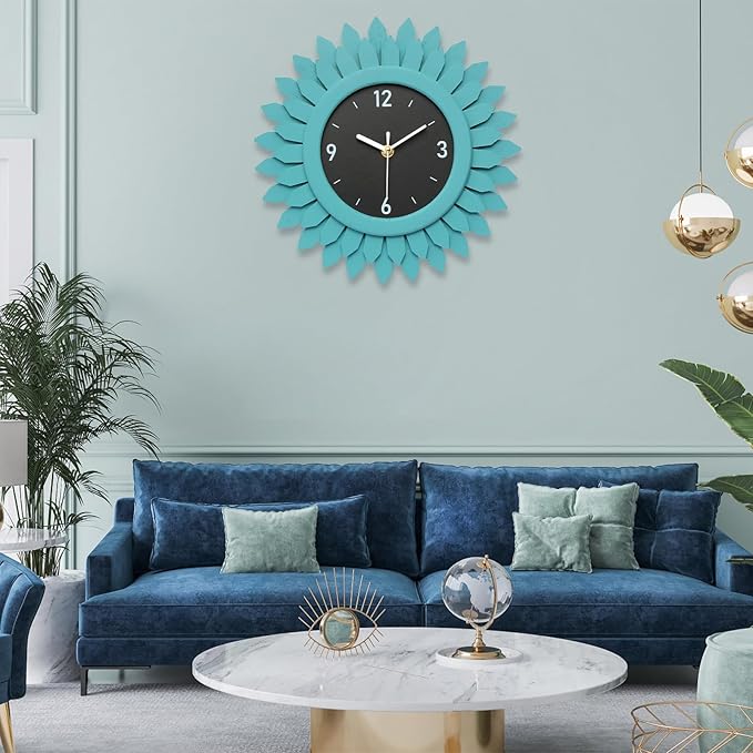 Honiway Wall Clock Battery Operated 12 Inch Rustic Wood Beach Sunburst Decorative Wall Clock Silent Non-Ticking Coastal Wall Decor Clocks for Living Room Kitchen Bathroom Bedroom (Cyan)-Ruum Studio Home