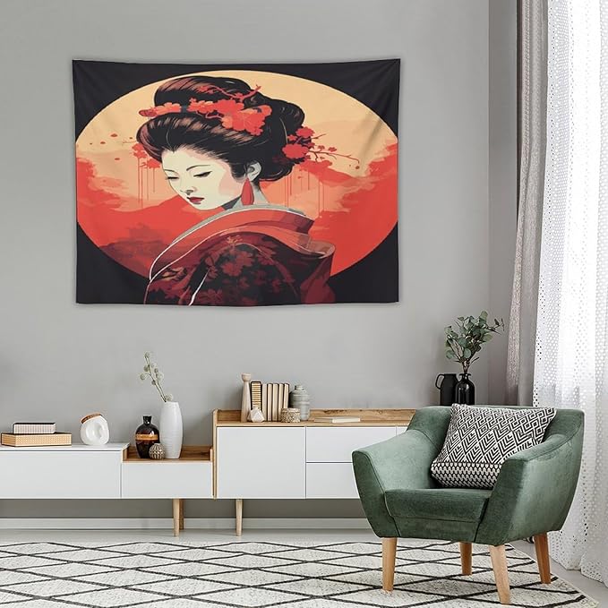 Japanese Woman Geisha Tapestry Asian Cherry Blossom Red Sun Traditional Kimono Folk Tapestries Home Decor for Living Room Bedroom Apartment Farmhouse Dorm 40"x30"-Ruum Studio Home