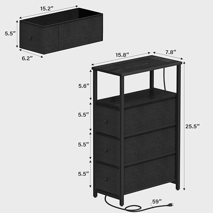 TUTOTAK Narrow Night Stand with Charging Station, Slim End Table with Plugins, Tall Side Table with 3 Fabric Drawer, Small Bedside Table with Storage, Living Room, Bedroom, Black TB01BK086-Ruum Studio Home