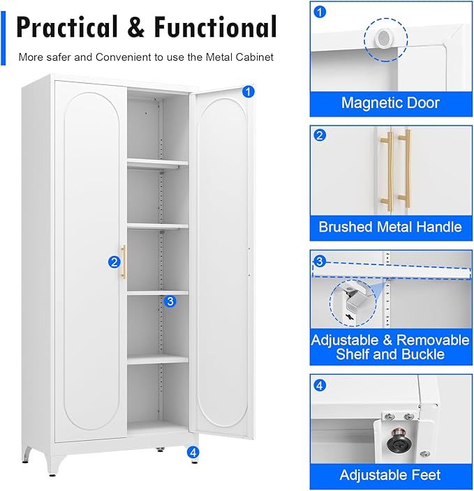 Metal Storage Cabinet with Doors and Shelves, 75 Inch Tall Kitchen Pantry Cabinet, Pantry Cabinets for Kitchen Storage, Freestanding Cupboard for Living, Dining Room, White, Assembly Required-Ruum Studio Home