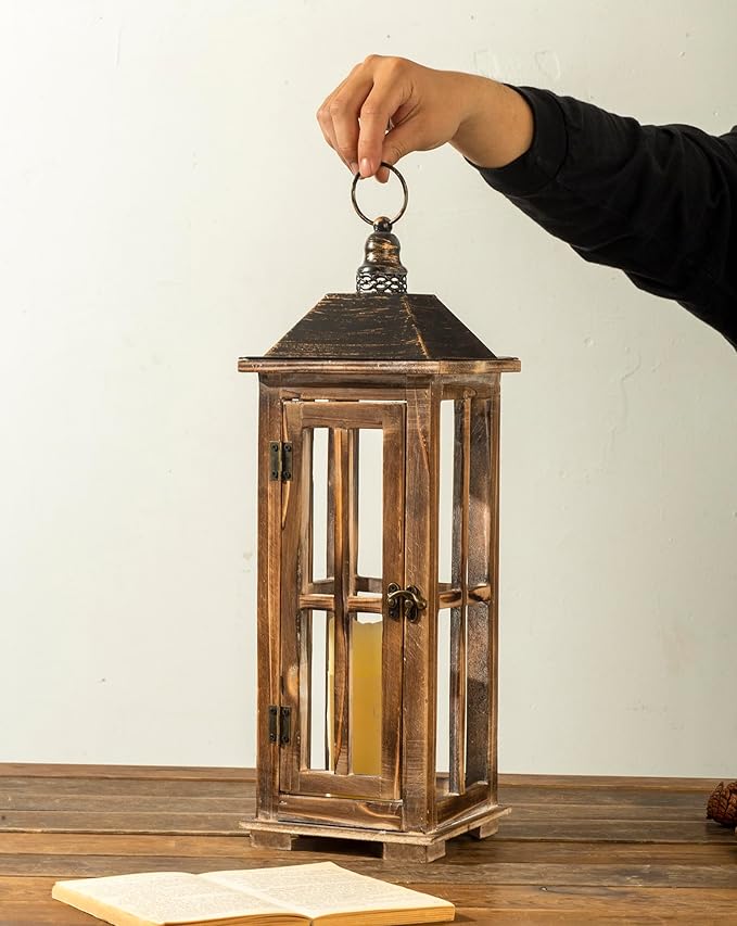 Large Farmhouse Wooden Decorative Lantern Set of 2, Rustic Distressed Brown Burnt Wood Floor Candle Lanterns, Indoor/Outdoor Hanging Lanterns for Home Decor (No Glass)-Ruum Studio Home