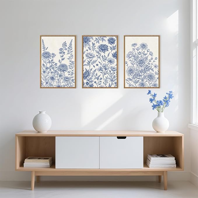 Classic Chinoiserie Floral Framed Canvas Wall Art Set, Blue and White Flower Wall Decor, Navy Watercolor Wall Painting, Minimalist Wildflower Art Print for Living Room, Bedroom - 16"x24"×3-Ruum Studio Home