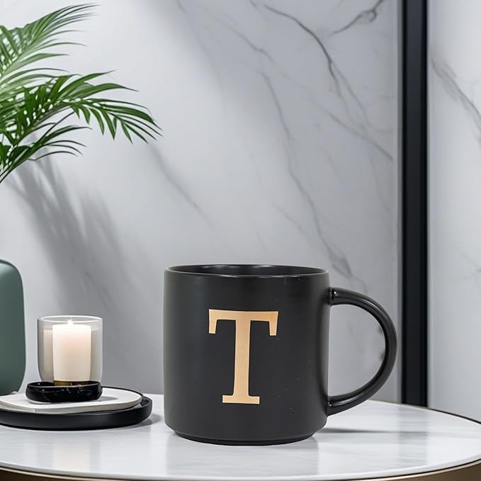 COLLECTIVE HOME - Monogram Ceramic Mugs, 15 oz Golden Initial Black Coffee Cups, Elegant Alphabet Tea Mugs, Elegant Personalized Mug with Gift Box, Unique Mug with Double Side Capital Lette (T)-Ruum Studio Home