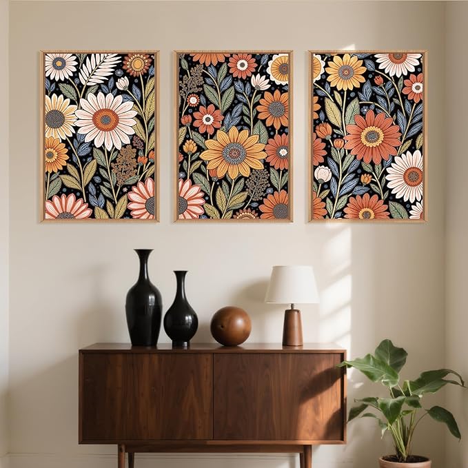 LHIUEM Large Abstract Boho Flower Framed Canvas Wall Art Set,Vintage Colorful Floral Wall Decor,Retro Wildfower Plant Painting,Botanical Artwork for Living Room,Bedroom,Dining Room,Office -16"x24"x3-Ruum Studio Home