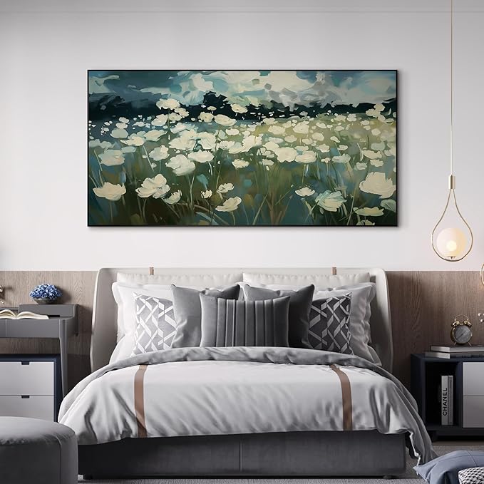 SIGNWIN 36"x72" Extra Large Framed Wall Art White Wildflower Field in Impressionist Style, Soft Floral Landscape for Home Living Room Bedroom Decor (Frame Assembly Required)-Ruum Studio Home