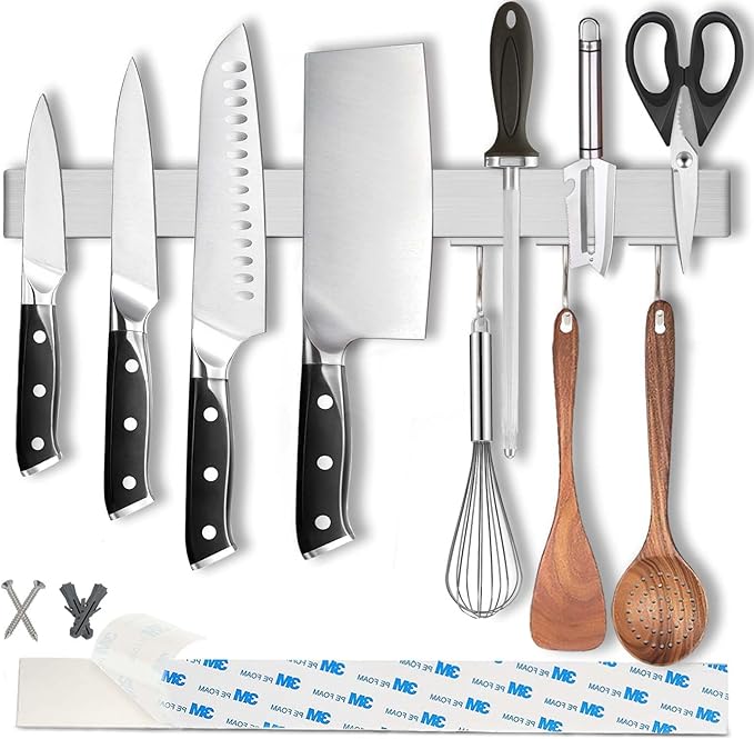 17.5" Magnetic Knife Holder for Wall with Hooks - No Drill Adhesive Mount - 304 Stainless Steel Knife Magnetic Strip-Ruum Studio Home