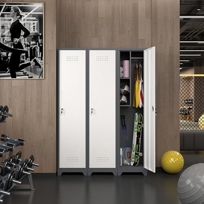 Storage Cabinet,Slim Broom Closet Storage Cabinets with Lockable Doors,Narrow Utility Cabinets with Hanging Rod,Tall Broom Closet for Laundry,Home Office,Grey-White-Ruum Studio Home
