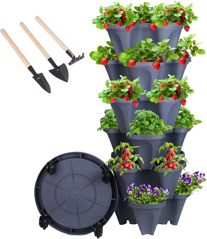 Vertical Planter 6 Tier Stackable Planters Garden Planters Strawberry Herb Flower and Vegetable Planter Indoor Outdoor Gardening Pots with Removable Wheels and Tools-Ruum Studio Home