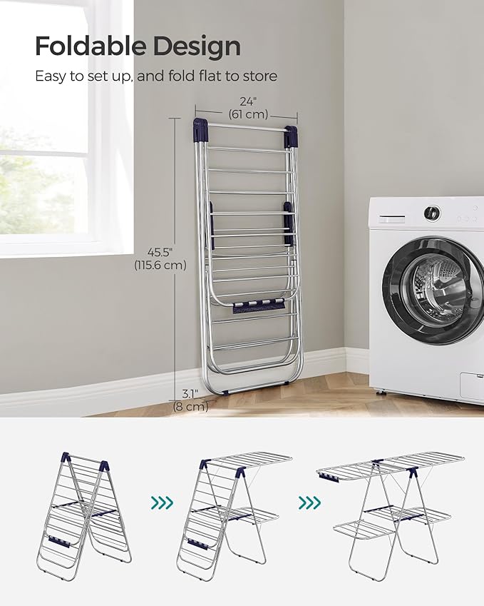 SONGMICS Clothes Drying Rack, Foldable 2-Level Laundry Drying Rack, Free-Standing Laundry Airer, with Height-Adjustable Wings, 33 Drying Rails, Sock Clips, Silver and Blue ULLR53BUV1-Ruum Studio Home