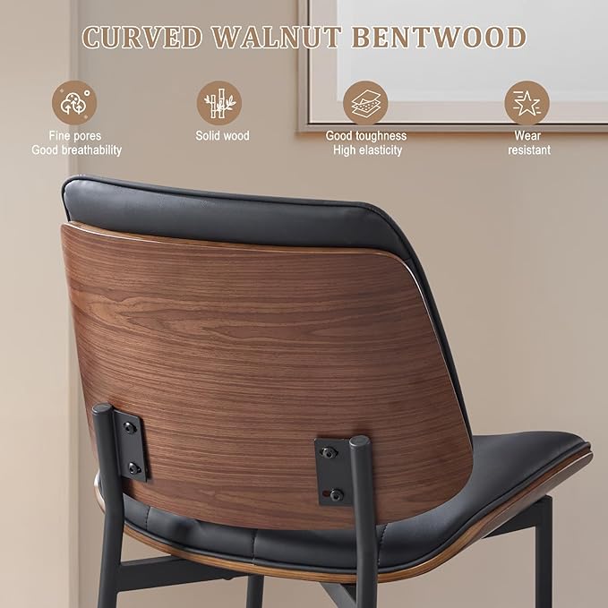 BV Mid Century Modern Dining Chairs Set of 2, Upholstered Pu Leather Accent Chair with Walnut Bentwood Back, Armless Kitchen Chair for Dining Room, Living Room, Kitchen, Black-Ruum Studio Home