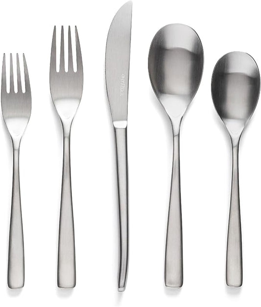 over&back 20pc Curved Flatware Cutlery Set - Comes with 4 Dinner Forks, 4 Salad Forks, 4 Dinner Knives, 4 Dinner Spoons, and 4 Teaspoons - 18/8 Stainless Steel - Dishwasher-Safe - Brushed Stainless-Ruum Studio Home