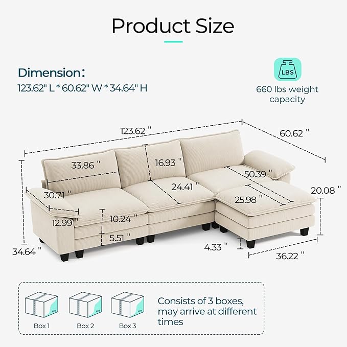 LINSY HOME Modular Sectional Sofa - 123'' Comfy Corduroy Cloud Sofa Oversized L Shaped Couch with Movable Ottoman, Soft Modern Sofa for Living Room Apartment, Beige-Ruum Studio Home
