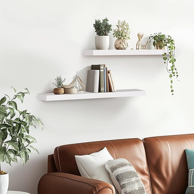 Floating Wall Shelves 2-Pack - 24-Inch Rustic White Wooden Shelves for Storage and Décor, Easy Installation for Living Room, Bedroom, and Kitchen-Ruum Studio Home