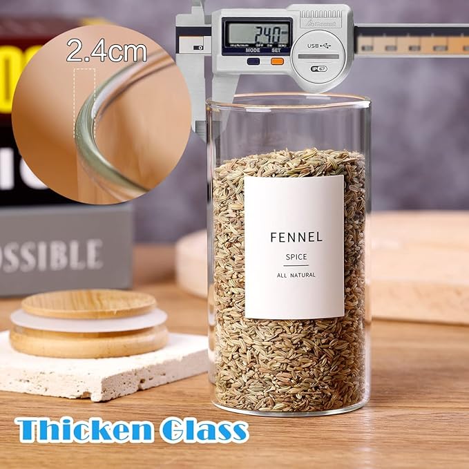 12 Pcs Glass Spice Jars With Bamboo Airtight Lids, 10oz Thicken(2.4mm) Spice Containers With 148 Minimalist Preprinted Waterproof Spice Labels, Kitchen Empty Small Storage Jars For Seasoning, Herb-Ruum Studio Home