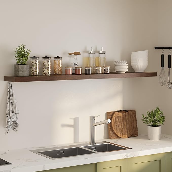 Floating Shelves for Wall, 72"W x 9.3"D x 1.5"H, Long Wooden Wall Mounted Display Shelves with Invisible Brackets for Living Room, Bedroom, Bathroom, Kitchen Decor and Storage, Set of 1, Walnut-Ruum Studio Home
