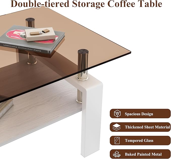 Glass Coffee Table Rectangle Living Room Center Table, with Brown Tempered Glass Tabletop and White MDF Layer,for Living Room and Office, Brown+White-Ruum Studio Home