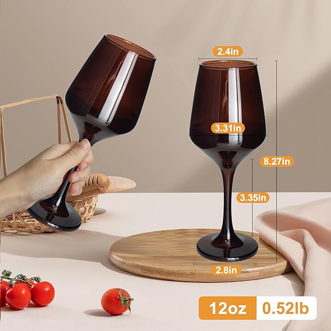 Brown Wine Glasses Set of 6-12oz Brown Long Stem Wine Glass Cups, Pretty Crystal Glassware, Hand Blown Goblets Drinkware, Unique Drinking Stemware Holiday Gift Set-Ruum Studio Home