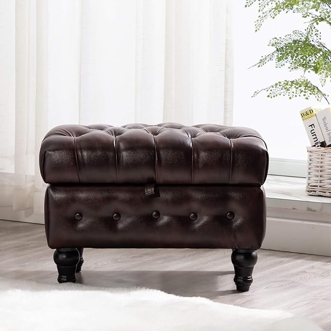 Artechworks Coffee Table Ottoman with Storage,Button Tufted PU Leather Upholstery Footstool Bed Ottoman for Living Room, Home Office, Space-Saving Storage Toy Box Stool, Brown-Ruum Studio Home