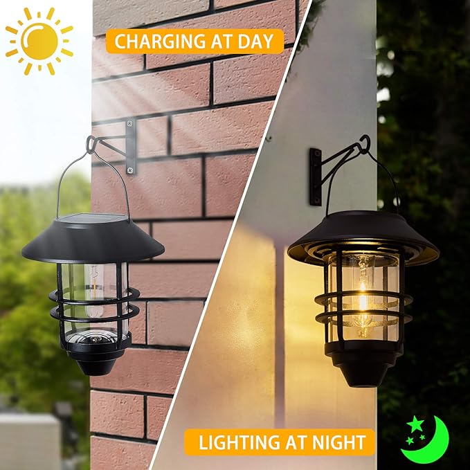 Solar Lantern Outdoor Lights, Hanging Waterproof Lantern Lights with Wall Mount Kit for Garden Porch Fence 2 Pack-Ruum Studio Home
