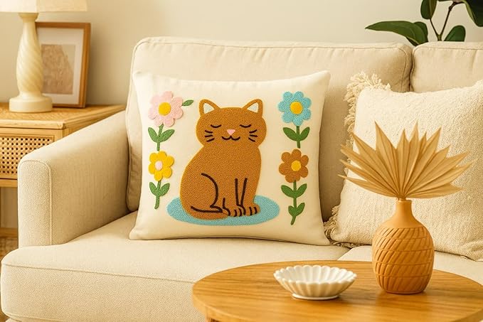 katre home madame & textile Cat Throw Pillow Cover – 100% Cotton Embroidered Decorative Cushion Case 18x18 – Handmade Punch Needle Pillow for Sofa, Bed, Couch or Gift for Cat Lovers-Ruum Studio Home