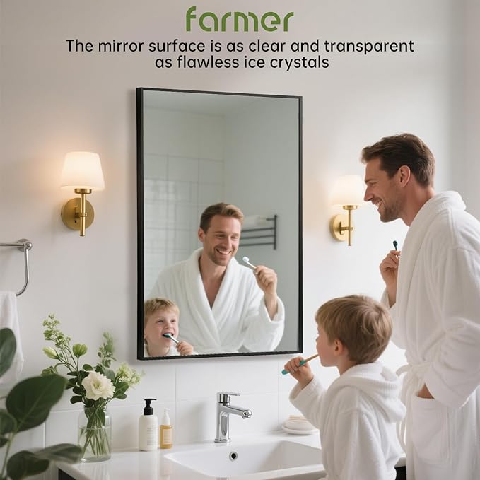 FARMER 20x30 Inch Black Bathroom Mirror, Rectangle Wall Mounted Mirror, Vanity Mirror, Brushed Square Mirror, Framed Bathroom Mirror for Bedrooms, Entryways, Living Rooms, Horizontal/Vertical-Ruum Studio Home