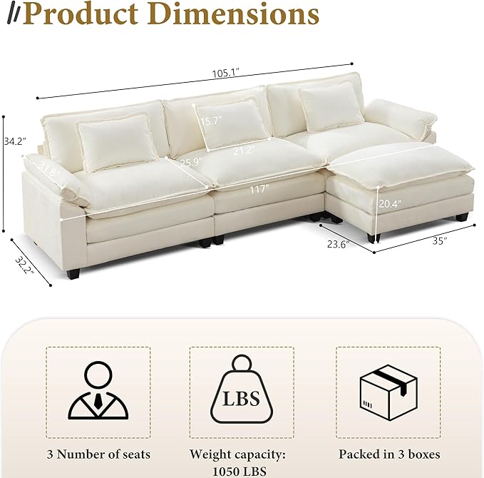 URRED Modular Sectional Sofa Comfy Cloud Couch, Modern Chenille Sofa Sleeper Deep Seat Couches with Ottoman/Pillows for Living Room (White, 117''- L Shape)-Ruum Studio Home