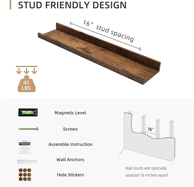 Picture Ledge Shelf, Wood Floating Shelves Set of 4, 24 inch Picture Ledge Shelves, Photo Ledge Nursery Book Shelves Wall Mounted for Living Room Kids' Room Bedroom, Color Brown-Ruum Studio Home