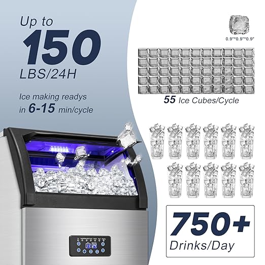Commercial Ice Maker Machine 150LBS/24H with 50LBS Storage Bin, Stainless Steel Undercounter/Freestanding Ice Maker Machine for Home Bar Outdoor, 55PCS Ice Cubes Ice Machine, Self Cleaning-Ruum Studio Home
