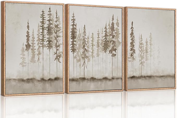 HPINUB Misty Forest Framed Canvas Wall Art Set, Foggy Pine Tree Wall Decor, Pastel Nature Landscape Wall Painting, Evergreen Coniferous Plant Art Print for Living Room, Bedroom, Office-24 x36 x3-Ruum Studio Home