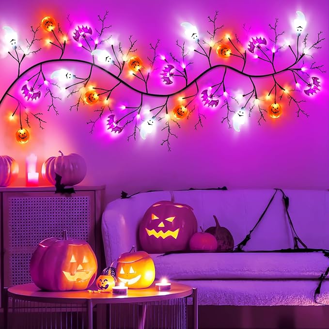 7 Ft 63 LED Halloween Willow Vine Twig Garland with 8 Modes Timer Orange Purple White Lights,7 Pumpkin Bat Ghost, Garland with Battery Operated for Wall Fireplace Halloween Decorations-Ruum Studio Home