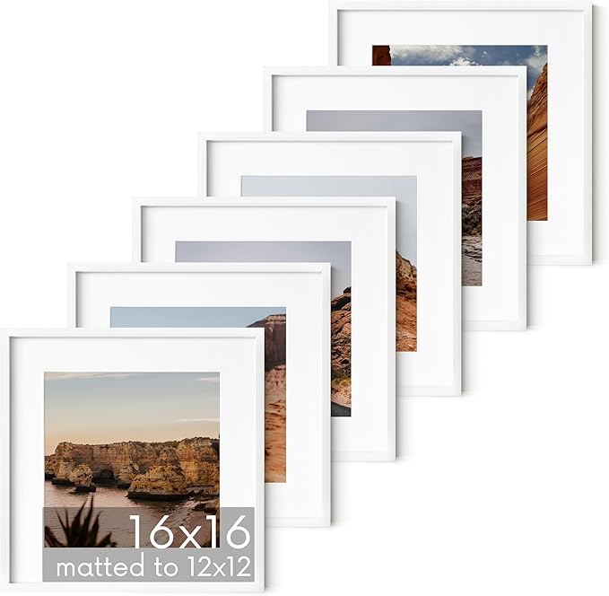 HAUS AND HUES 16x16 White Metal Picture Frames Matted to 12x12 - Features Premium Aluminum & Hanging Hardware, Shatterproof Plexiglass - Ideal for Home, Room, Office (16x16 in, White, Set of 6)-Ruum Studio Home