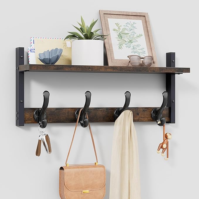 Tatub 20" Rustic Coat Rack Wall Mount with Shelf, Wall Hooks with Shelf, Heavy Duty Entryway Organizer Hangers for Hanging, Hat, Bag, Jacket for Bathroom, Living Room, Bedroom, Rustic Brown-Ruum Studio Home