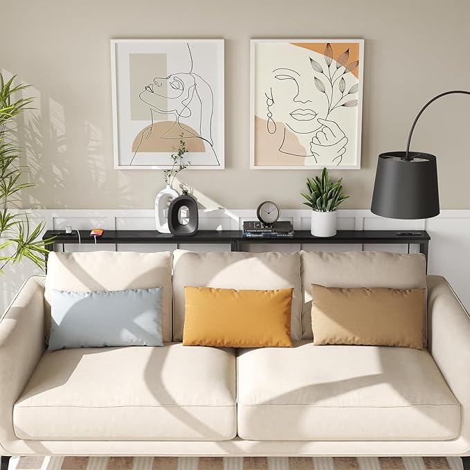 ELYKEN 5.9" Narrow Console Sofa Table with Power Outlets, 5.9" Dx39.4 Wx31.1 H Long Black Behind Couch Table with Metal Frame and Charge Station with 6.5’ Extension Cord-Ruum Studio Home