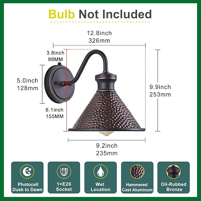 Dusk to Dawn Outdoor Gooseneck Wall Sconce with Dark Sky Cast Hammered Aluminum Shade in Oil Rubbed Bronze Finish,Anti-Rust Waterproof Outdoor Light for Farmhouse Porch Garage,1-Light E26-Ruum Studio Home