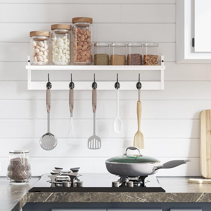 BAMEOS Wall-Mounted Wood Shelf with 5 Dual Hooks for Bathroom, Living Room, Bedroom (White-with Shelf)-Ruum Studio Home