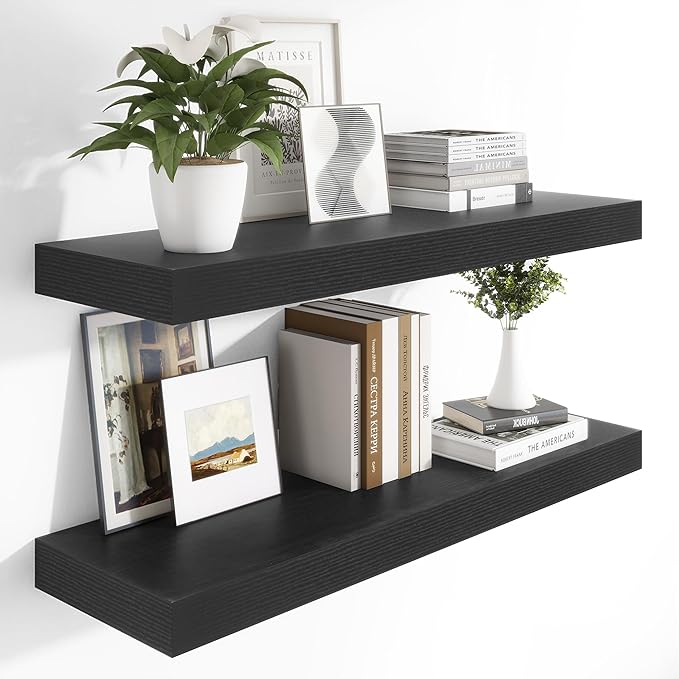Heimlove 12 Inch Deep Floating Shelves, 48 x 12 inches Long Wall Shelf, Large Display Shelf & Storage Shelf, Rustic Wood Wall Shelves for Fireplace Mantel, Set of 2(Black)-Ruum Studio Home
