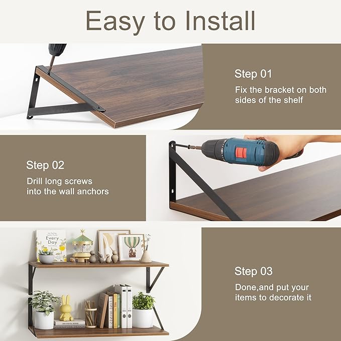 Fun Memories Deep Floating Shelves, 55W x 12D Floating Shelves for Wall, Wood Floating Shelf with Bracket, Wide Display & Storage Wall Shelves for Living Room, Bedroom, Walnut-Ruum Studio Home