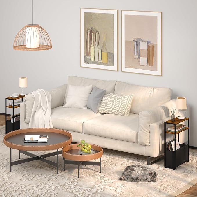 Narrow Side Table, Slim End Tables with Fabric Basket, Skinny Table for Small Spaces, Thin Bedside Table for Living Room, Bedroom-Ruum Studio Home