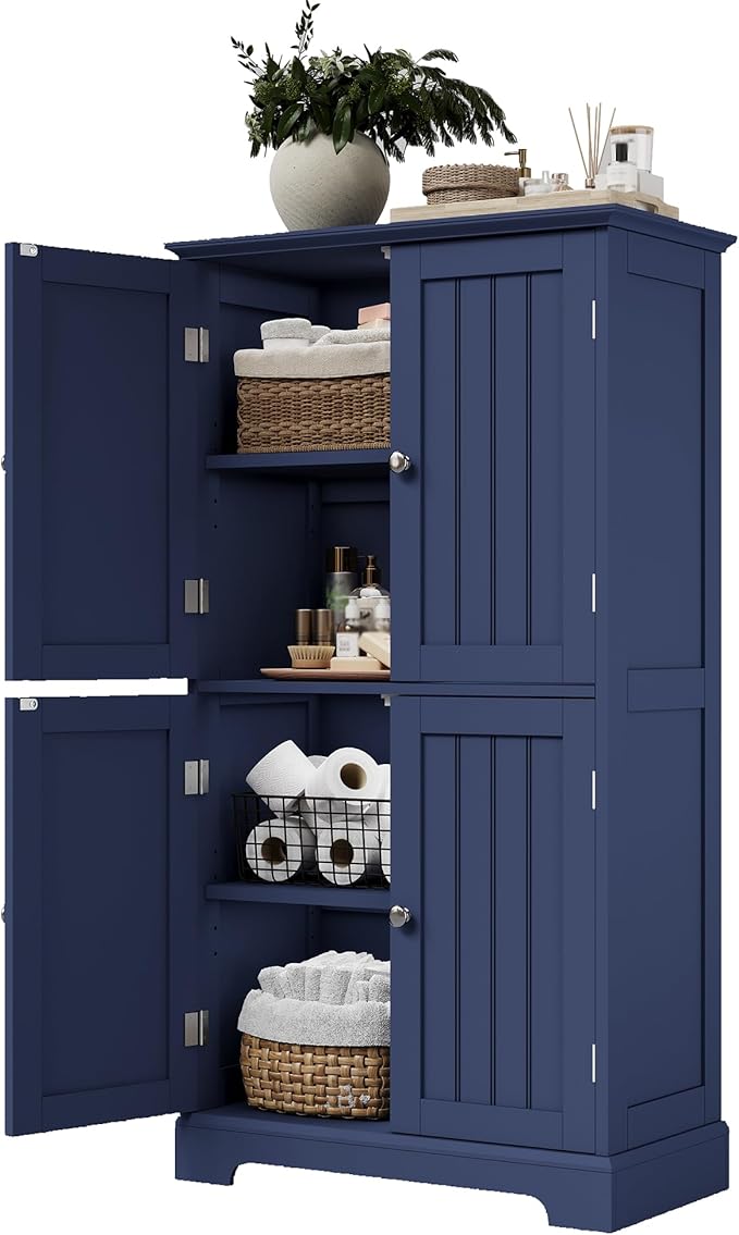 ChooChoo Bathroom Floor Cabinet, Modern Bathroom Storage Cabinet with 4 Doors and Adjustable Shelves, Freestanding Cupboard for Living Room, Navy Blue-Ruum Studio Home