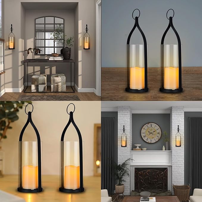 Metal Wall Sconce Candle Lantern Set of 2 - Black Wall Mounted Hanging Holder with Glass & Candles Vintage Wall Decor for Porch, Living Room, Dining Room, Bedroom Indoor Decor-Ruum Studio Home