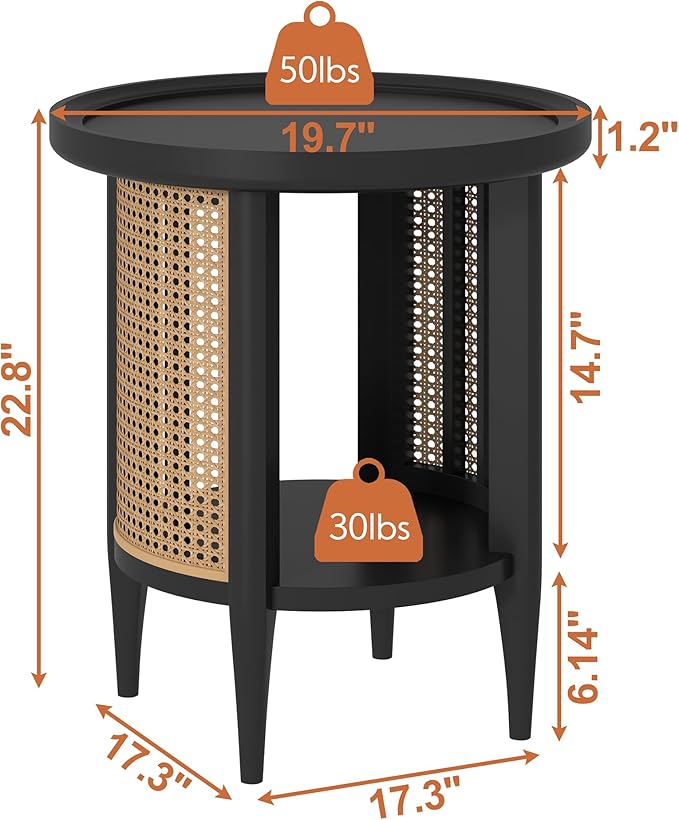 Yusong Round End Table Rattan Side Table with Solid Wood Legs, Boho Style Nightstand Bedside Table with 2-Tier Shelves, Small Coffee Table for Living Room Bedroom Small Spaces Black-Ruum Studio Home