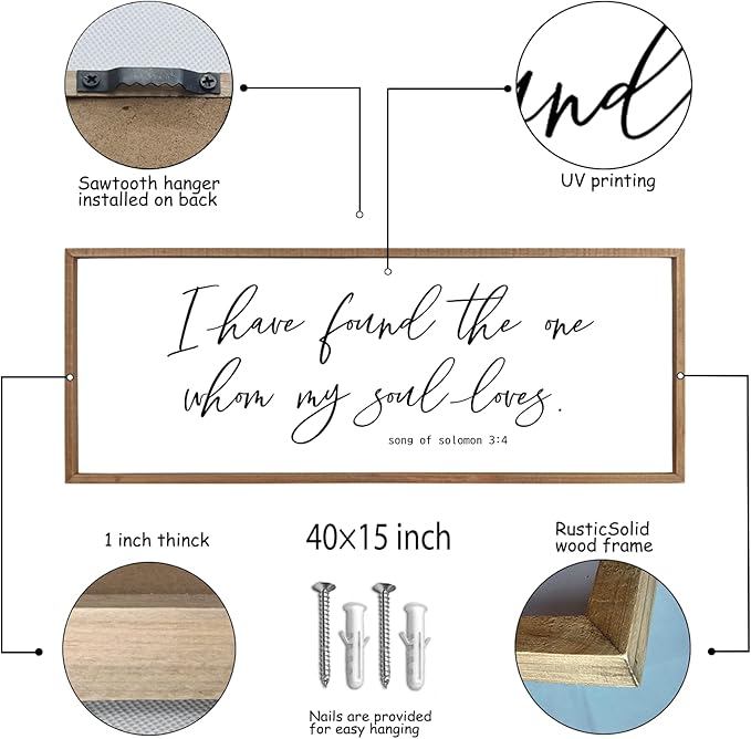 I Have Found The One Whom My Soul Loves Sign Wall Art Decor 40"x15" Modren Master Bedroom Above Bed Wood Framed Song of Solomon 3:4 Large Living Room Bible Verse Wall Hanging (Wood)-Ruum Studio Home
