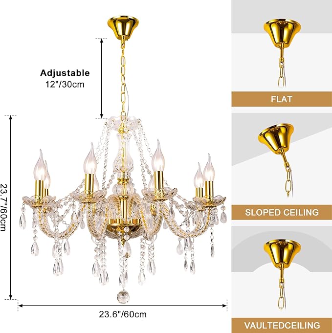 Modern Elegant 8 Lights K9 Crystal Glass Chandelier Golden Pendant Ceiling Lighting European Style for Dining Living Room Bedroom Transparent, 8 E12 Bulbs Required-Ruum Studio Home