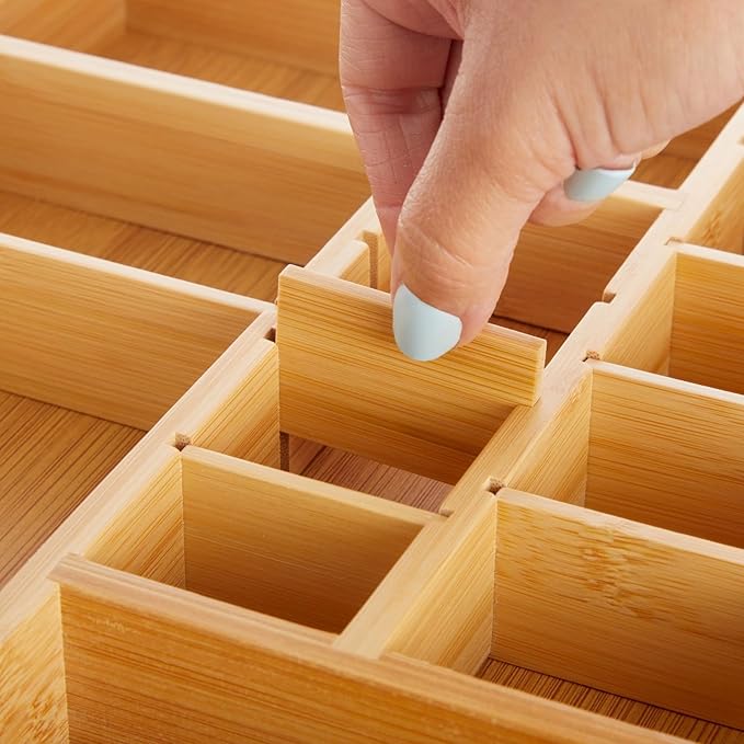 Juvale Drawer Organizer Tray - 14 x 10 x 2 In Brown Bamboo - 8 Adjustable Dividers for Custom Storage - Silverware & Utensil Organizer - Desk Drawer Divider - Versatile Wooden Divided Tray-Ruum Studio Home
