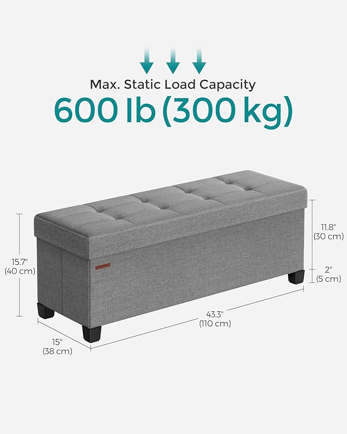SONGMICS Storage Ottoman Bench, Foldable Foot Rest with Legs, 15 x 43 x 15.7 Inches, End of Bed Bench, Storage Chest, Load up to 660 lb, for Living Room, Bedroom, Entryway, Dove Gray ULSF018G02-Ruum Studio Home
