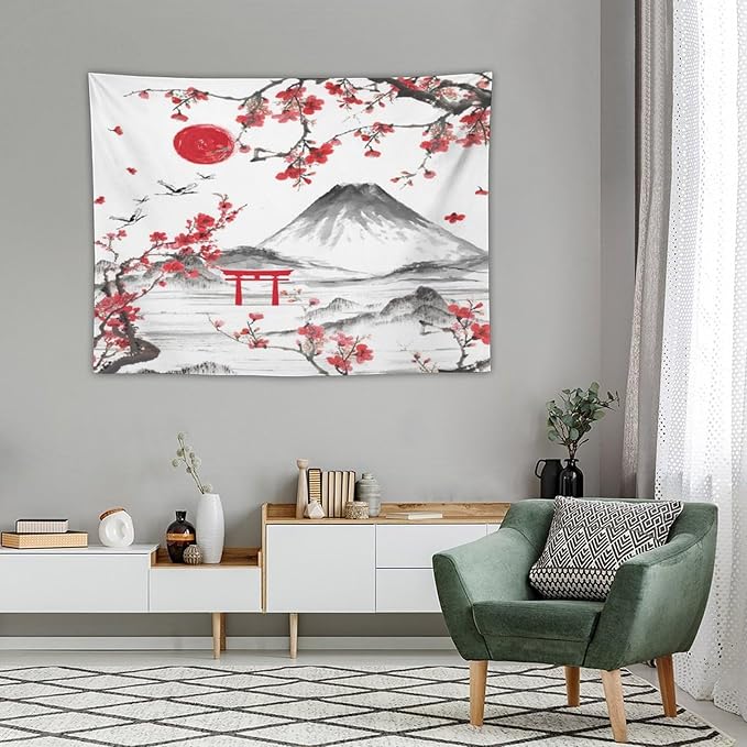 Red Cherry Blossoms Tapestry, Japanese Fuji Mountain Tapestry, Asian Japanese Wall Tapestry, Nature Landscape Tapestries for Bedroom Living Room Decor 40"x30"-Ruum Studio Home