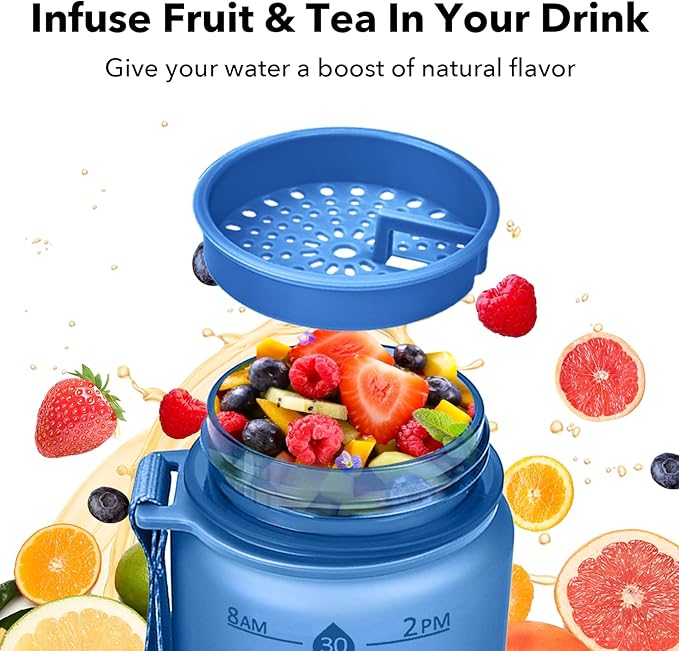 32oz Motivational Water Bottles with Time Marker & Fruit Strainer, Transparent Gradient Color Water Bottle with Times to Drink, Leakproof & BPA Free, Reusable Bottle with Strap (No Straw)-Ruum Studio Home